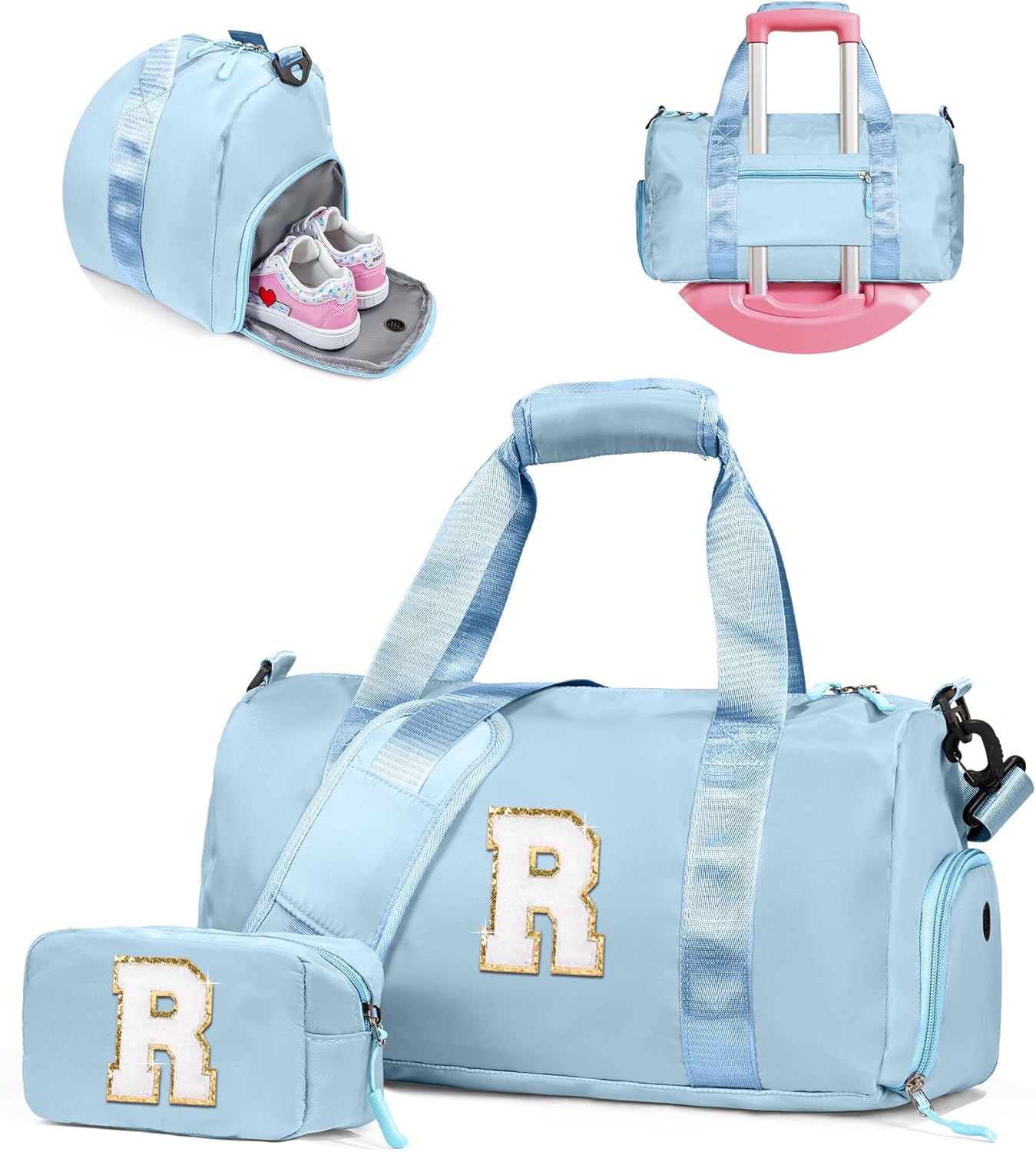 Skiennix Girls Gym Bag - Personalized Weekender Tote with Shoe Compartment & Makeup Pouch | Ideal Birthday Gift for 7-Year-Old (Letter R)