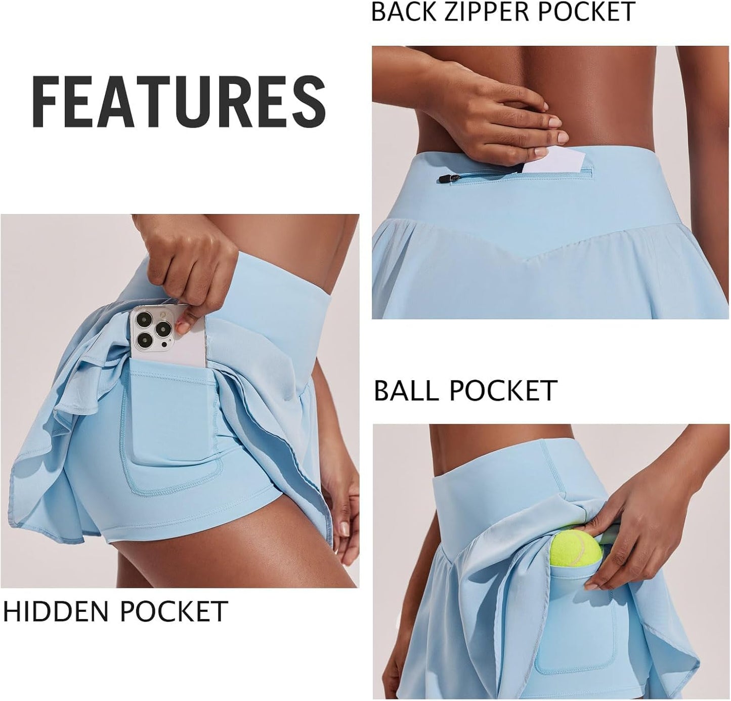 PINSPARK Women's Pleated Tennis Skirt - Double Ruffle Golf Skort with Tummy Control & 3 Pockets
