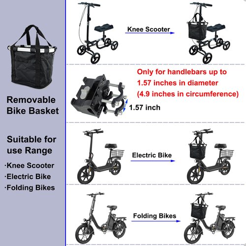 Mkuero Knee Scooter Basket Accessory with Handle, Quick Release Removable Cloth Basket for knee scooter front - Fits Most Knee Scooter Walker Models
