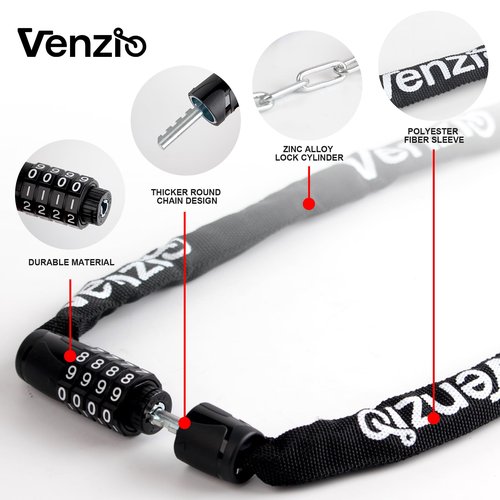 Venzio 4-Digit Combination Bike Chain Lock, Keyless 4mm x 900mm (3FT) Anti-Theft Security Lock for Bicycle, E-Bike, Scooter, Fence, Gate, Door, with Zinc Alloy Core & Fabric Sleeve
