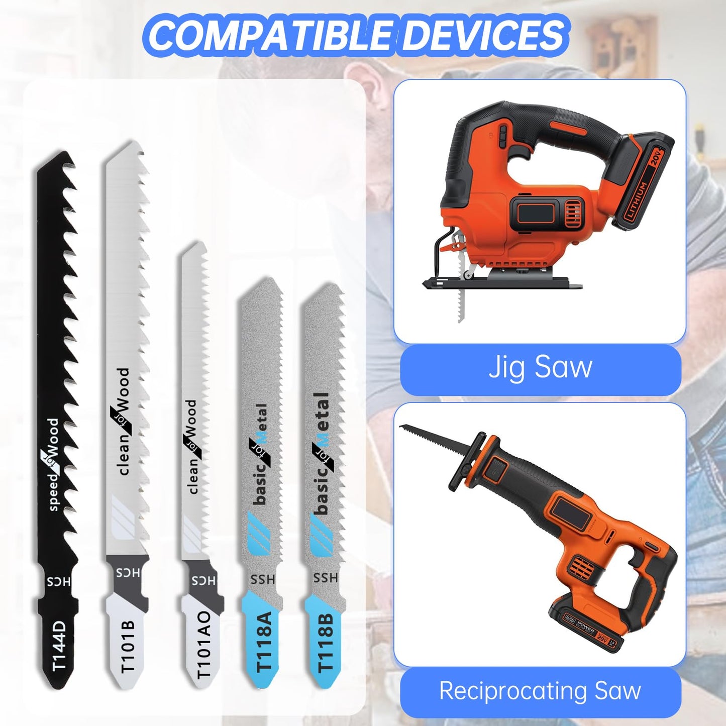 T Shank Jigsaw Blades Compatible with Black and Decker,25PCS Multi-Purpose HCS Jigsaw Blades Set Compatible with Black and Decker (T101AO, T144D, T118B, T118A, and T101B,Each 25pcs)