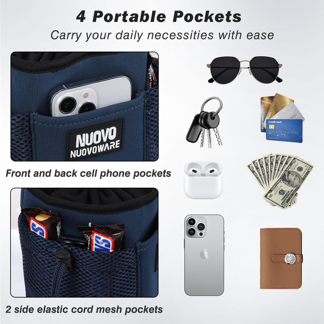 Nuovoware Water Bottle Carrier Bag, 64OZ Insulated Water Bottle Holder with Strap 4 Pockets, Water Bottle Carrier Sling Bag for Walking Hiking Camping Fishing Sport, Blue