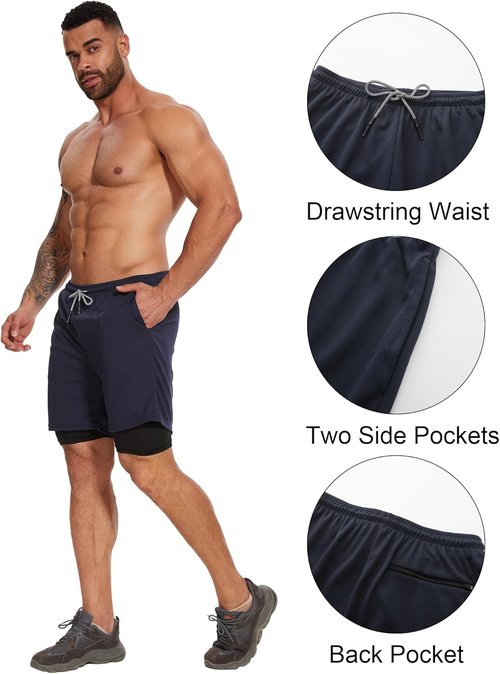 Kinglaman 2-in-1 Men's Running Workout Shorts - Quick Dry Athletic Shorts with Pockets | 4 Pack