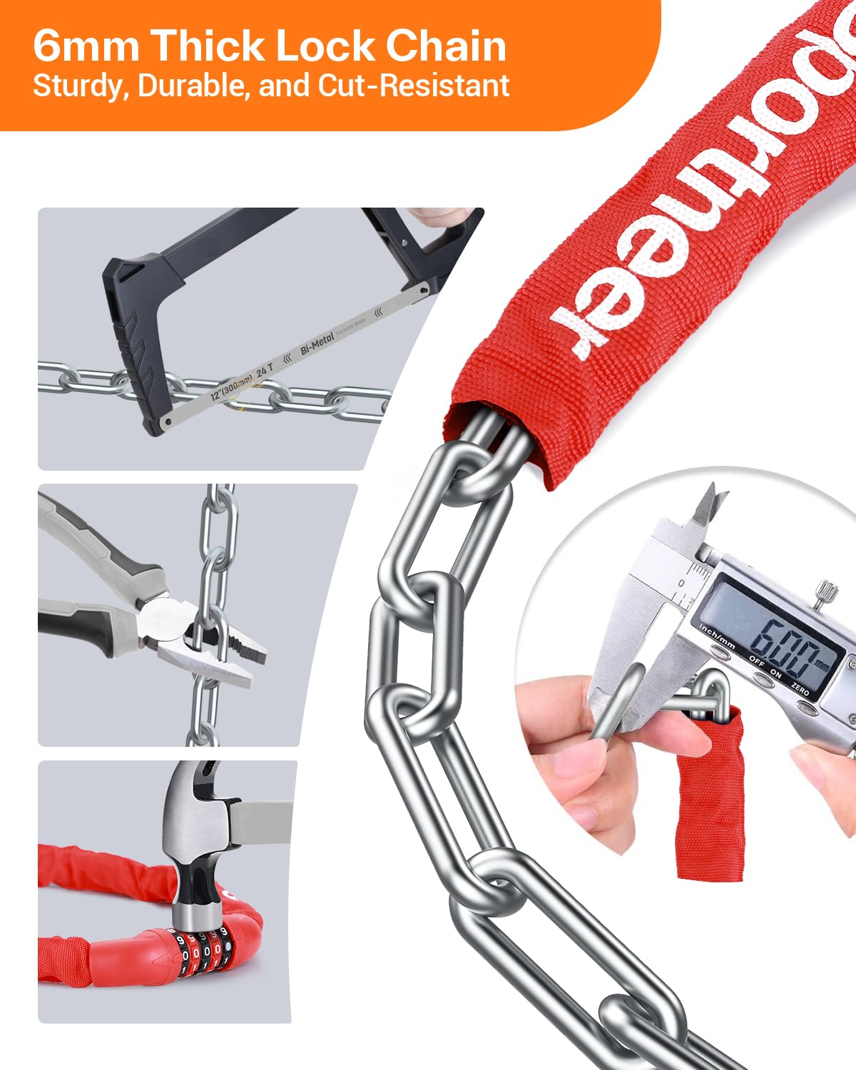 Sportneer Bike Lock: 5 Digit Combination High Security Anti Theft Bike Chain Lock - 3.2/3.6/4ft Heavy Duty Resettable Keyless Bicycle Lock for Bike, Motorcycle, Scooter, Door & Gate - 6mm Thick