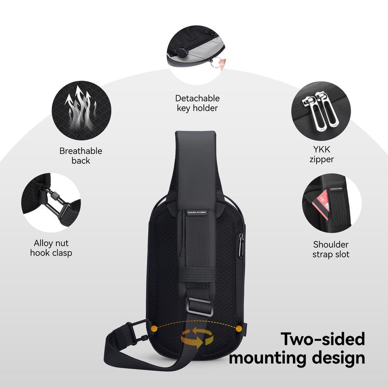 MS Mark Ryden Hard Shell Sling Backpack for Men, Water Resistant Crossbody Backpack with USB Charging Port, Chest Bag for Travel, Gym