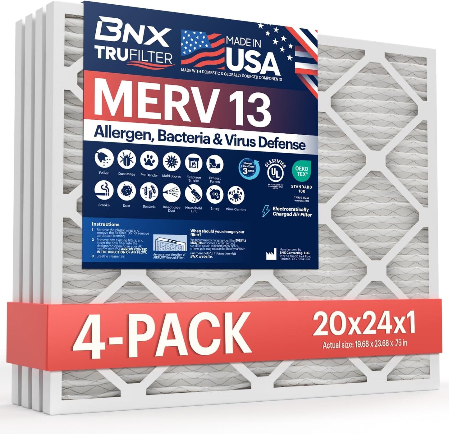 BNX TruFilter 12x12x1 MERV 8 Air Filters (6-Pack) - USA-Made Dust & Pet Defense for HVAC