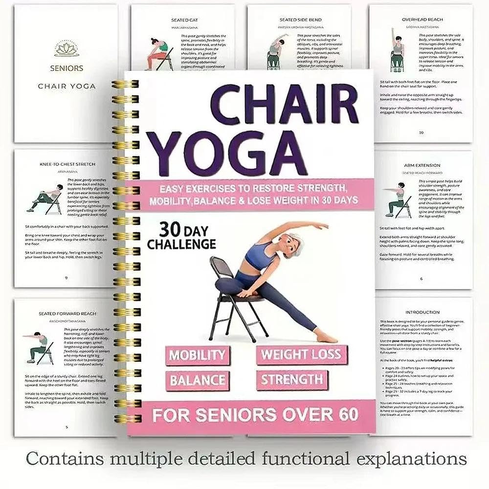Chair Yoga Guide for Seniors and Beginners, A5 Spiral Exercise Planner with Illustrated Poses and Progress Tracking