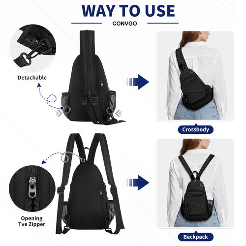 Convgo Crossbody Bag Casual Sling Bag for Men, Convertible Backpack, 3-in-1 Anti-Theft Shoulder Bag Trendy Daypack for Travel,Large, Black