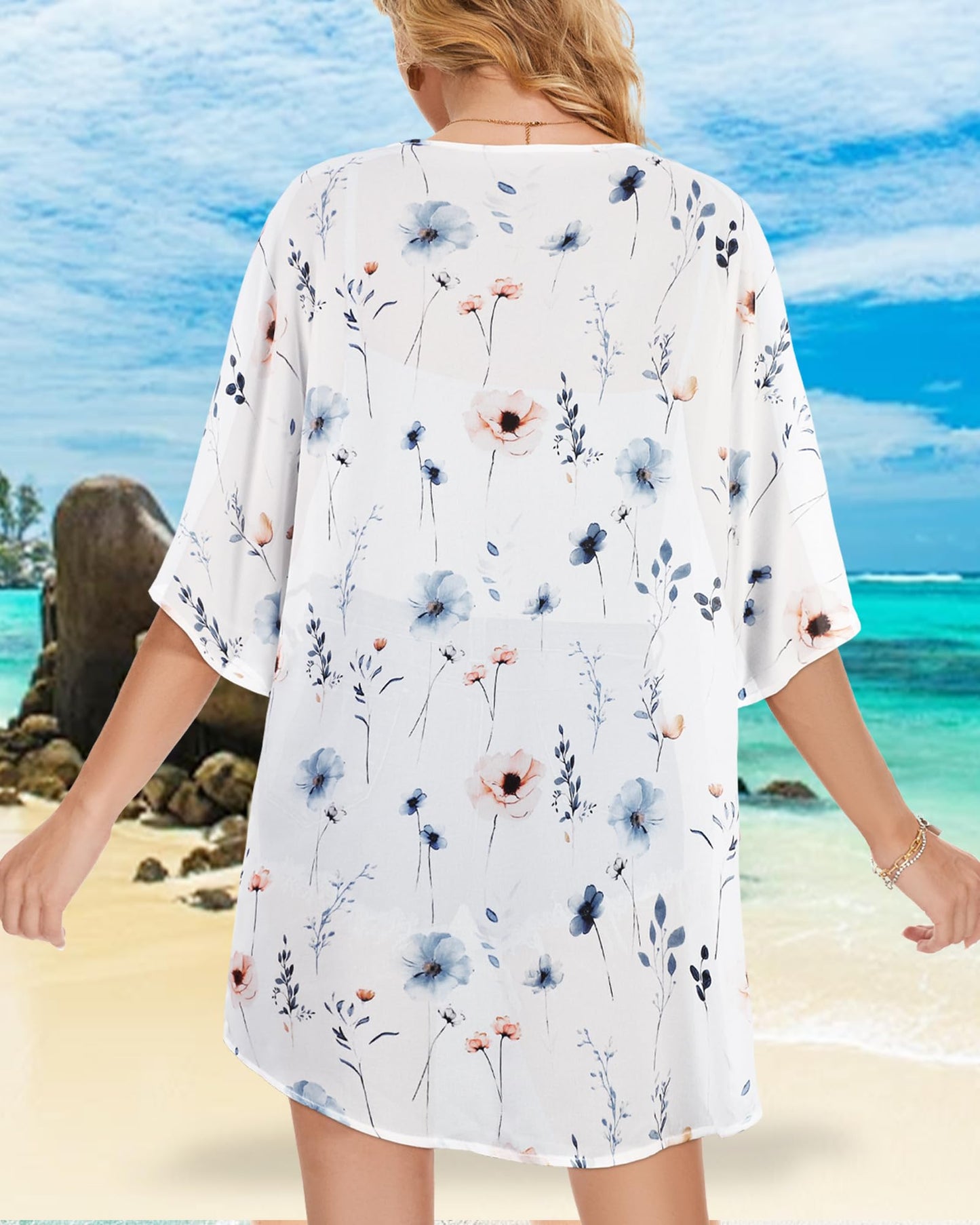 Women's Floral Kimono Print Puff Sleeve Loose Cardigan Cover Up Casual Blouse Tops (White Blue Flower, S)