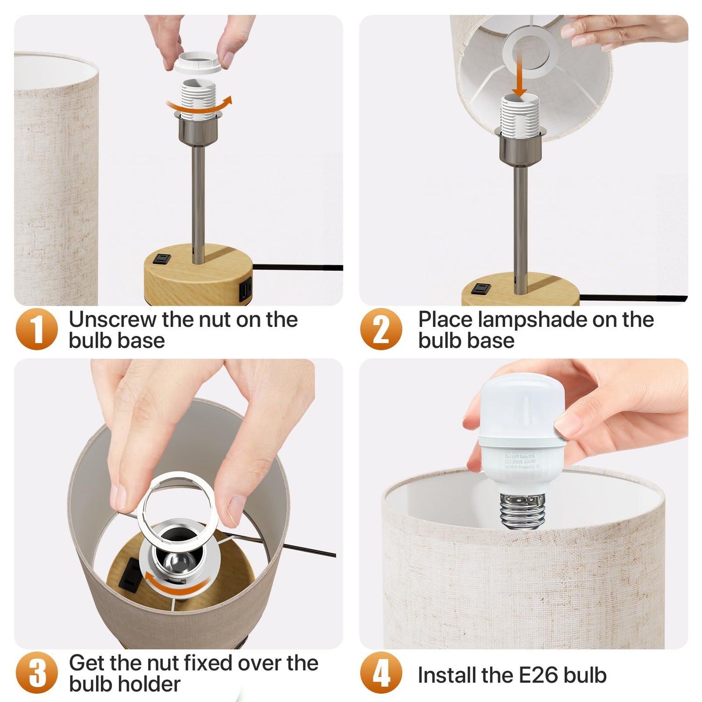 KPQ Small Bedside Lamp Touch Control Table Lamp with USB A+C Charging Ports & AC Outlet 3-Way Dimmable Nightstand Lamp with Linen Fabric Shade for Bedroom Living Room