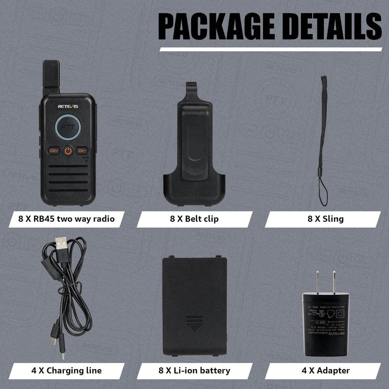Retevis RB45 Walkie Talkies 8 Pack,Rechargeable Long Range Two Way Radio,Dual PTT,Indicator,Loud Sound,Mini,Wearable Small Walkie Talkie for Seniors Adults Elderly Healthcare Hospital Nursing Home