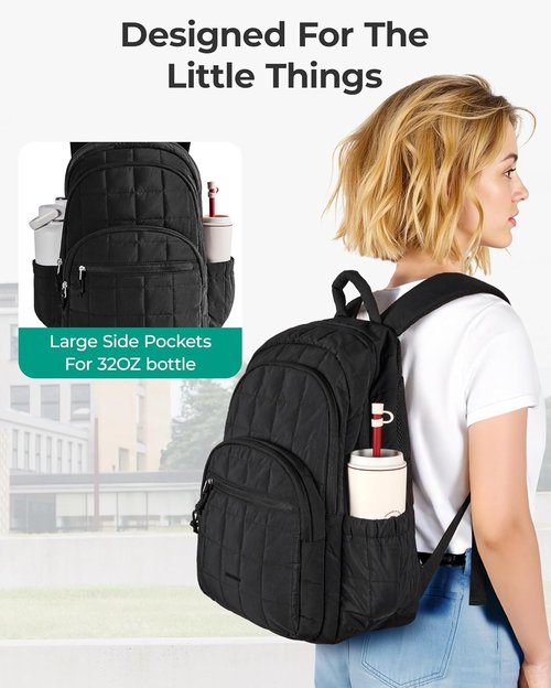 BAGSMART College Laptop Backpack - Water-Resistant Quilted Daypack for 15.6 Inch Laptops | Black