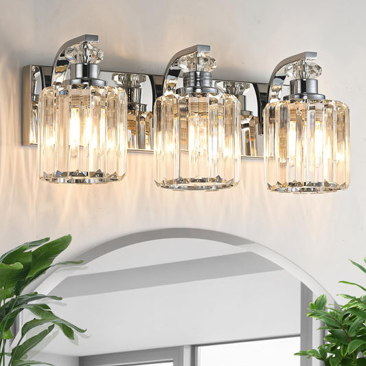 ALAISLYC Chrome Bathroom Light Fixtures with K9 Crystal Lampshade Bathroom Lighting Over Mirror Vanity Lights for Living Room,Bedroom,Restroom,Hallway 3 Lights