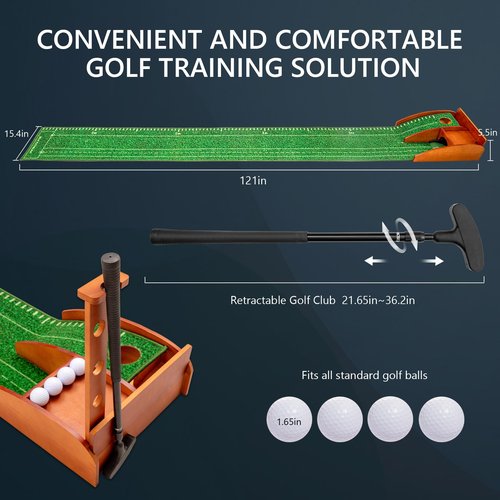 Golf Putting mat with Auto Ball Return, Putting Green Indoor, Crystal Velvet Mat and Solid Wood Base, Game Practice Golf Gifts for Home, Backyard, Office