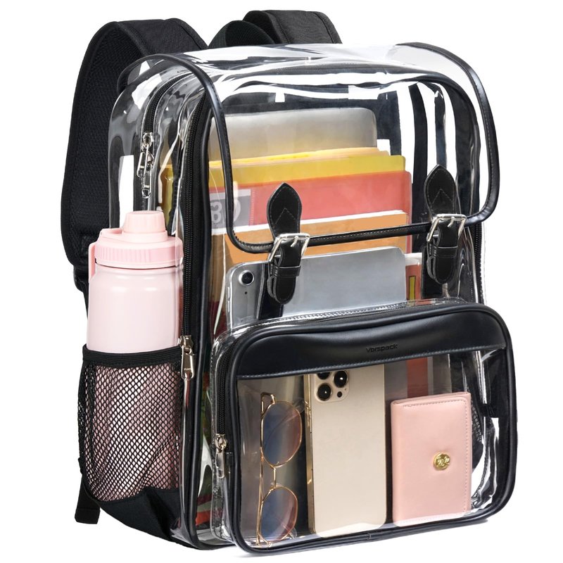 Vorspack Heavy Duty Clear Backpack - Large See Through Bookbag Transparent Backpacks for College, Work, Travel - Black