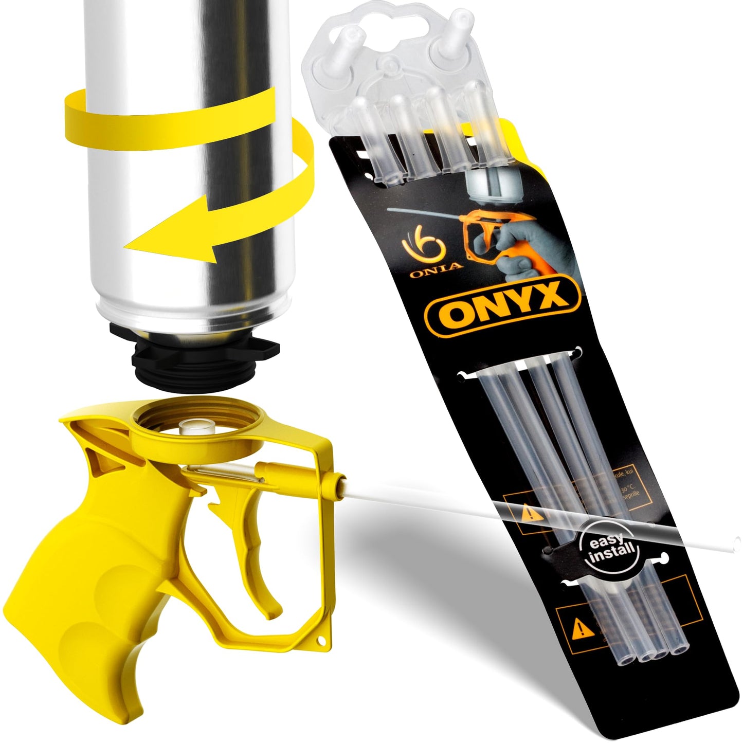 ONIA PU Spray Foam Gun with 4 tubes Expanding Spray foam Insulation Applicator with Reusable tubes and anti clogging caps – Filling & Sealing tool for Home and Office Use