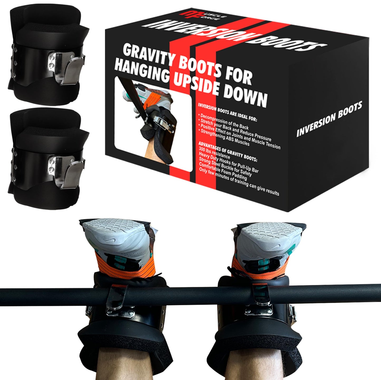 MuscleForge Gravity Boots with Safety Lock, Inversion Boots for Gravity Fitness Training (Pair), for Overhang on the Back and ABS Training, Comfortable 3cm Foam Padding