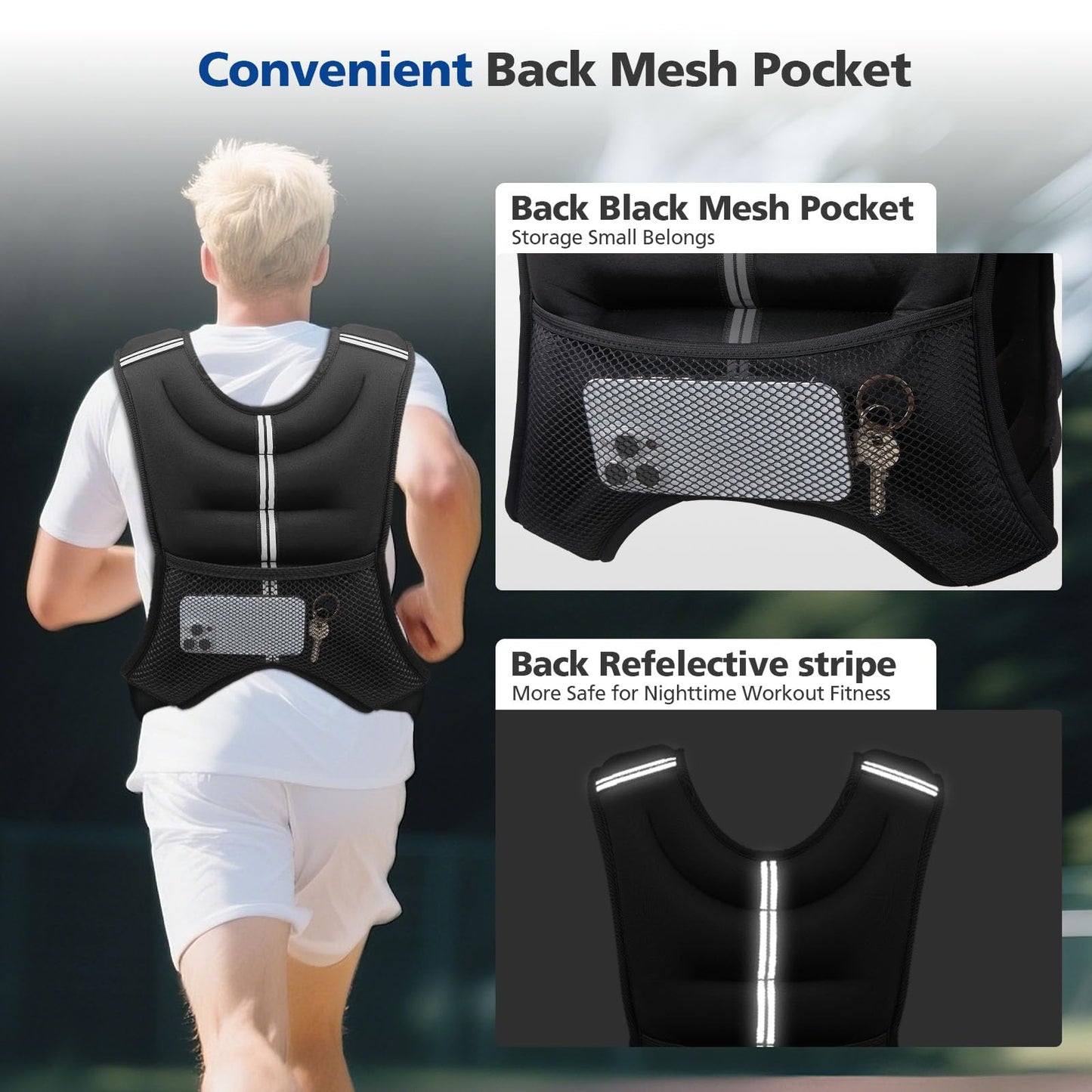 6lb/8lb/12lb/16lb/20Lb Weighted Vest Woman Men with Reflective Stripe, Chest Size Adjustable Strength Training Weight Vest for Walk Running Jogging