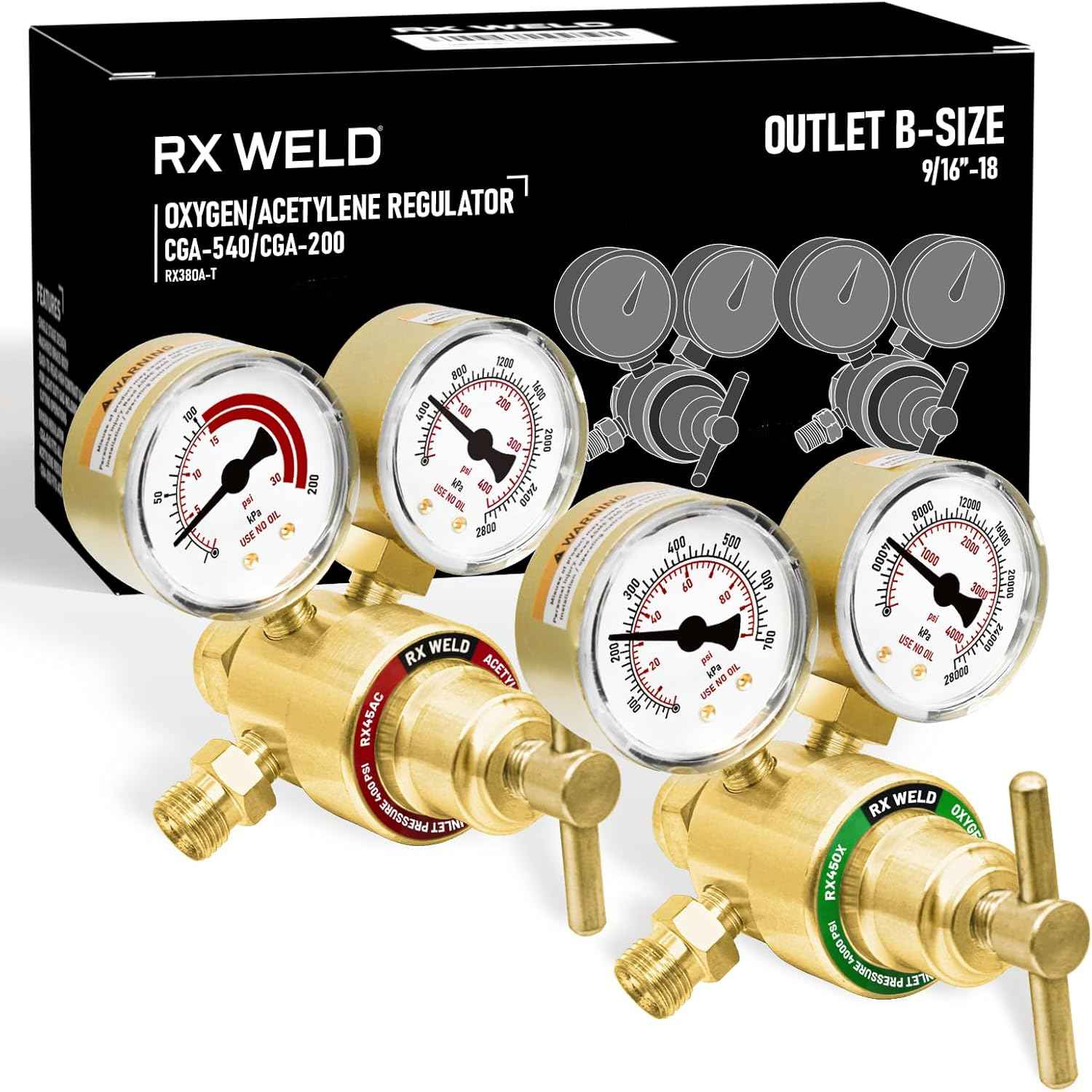 Oxygen Acetylene Regulator Set - Light Duty RX WELD for Small MC Tanks, CGA-540 & CGA-200