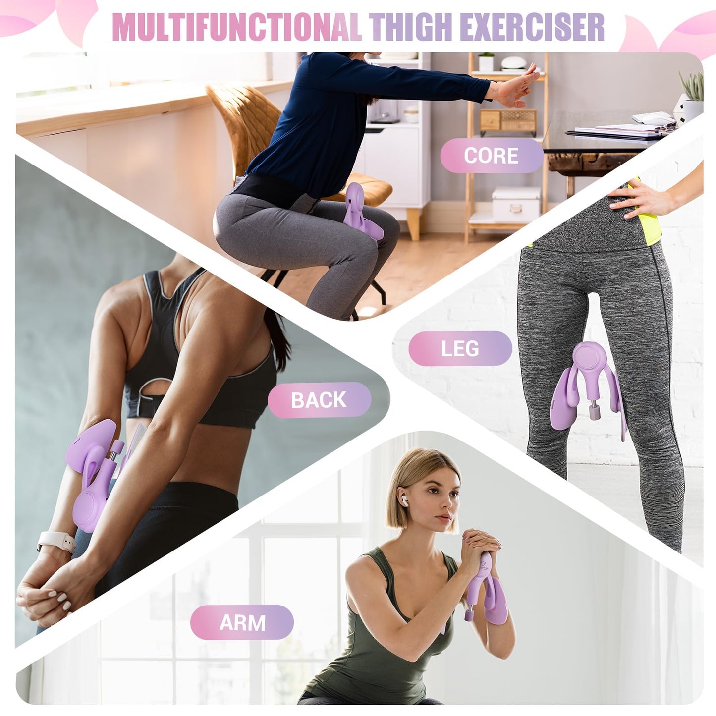 Thigh Trainer for Women, 15-70LB Adjustable Resistance Inner Thigh Exerciser for Pelvic Floor Muscle Repair, Thigh Workout Kegel Exercise Equipment for Shaping, Yoga & Weight Loss at Home Gym -Purple