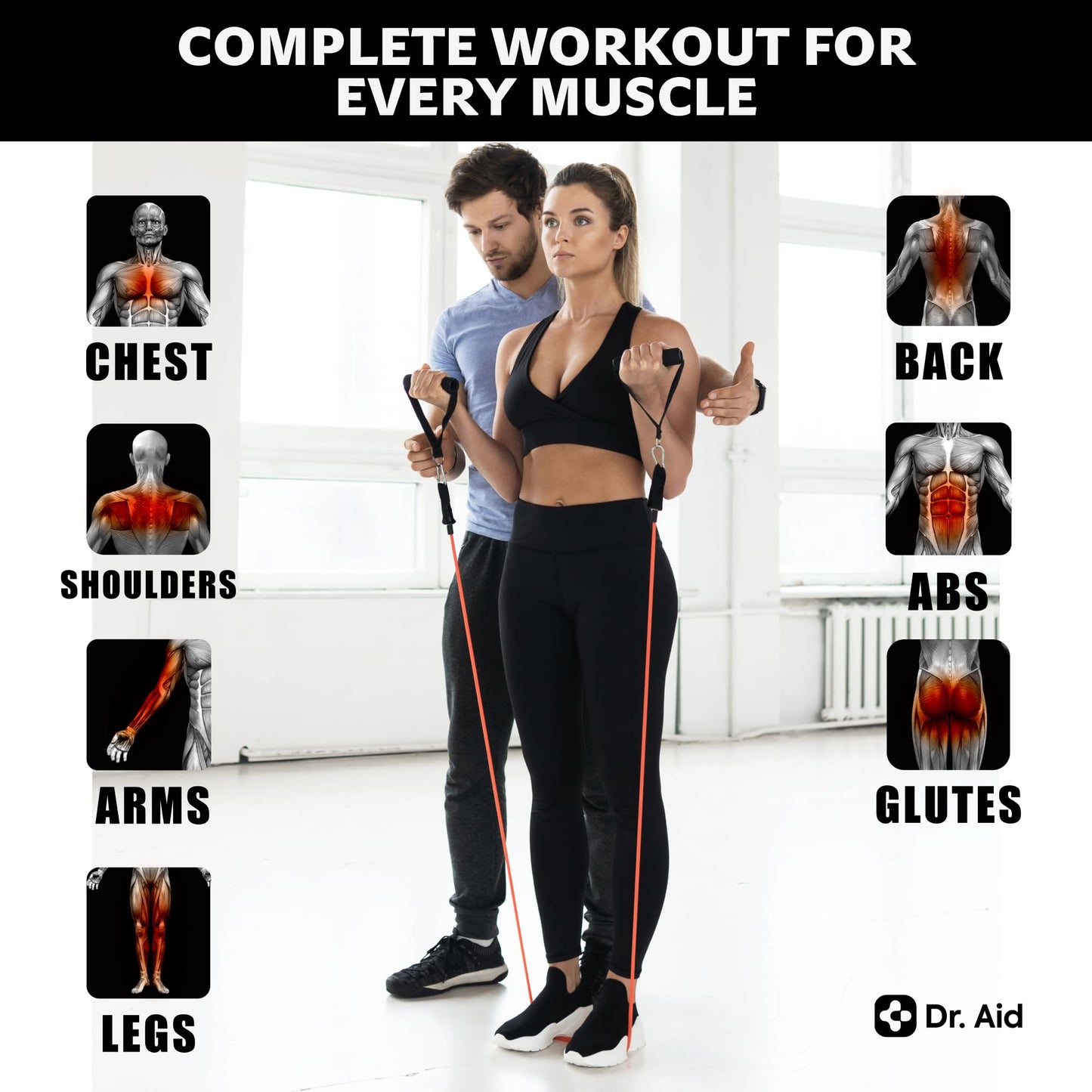 Dr. Aid Resistance Bands with Handles - 5 Reinforced Exercise Bands for Working Out, Fabric Core + Latex, Smell-Free & Tear Resistant - Workout Set for Physical Therapy, Strength Training & Stretch