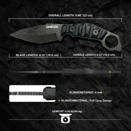 Omesio Fixed Blade Knife with Sheath, 4.13" 420 Stainless Steel Tactical Survival EDC Full Tang Knife for Hunting Hiking Men, ABS Anti-Slip Handle, Ideal for Gifting, Full Black