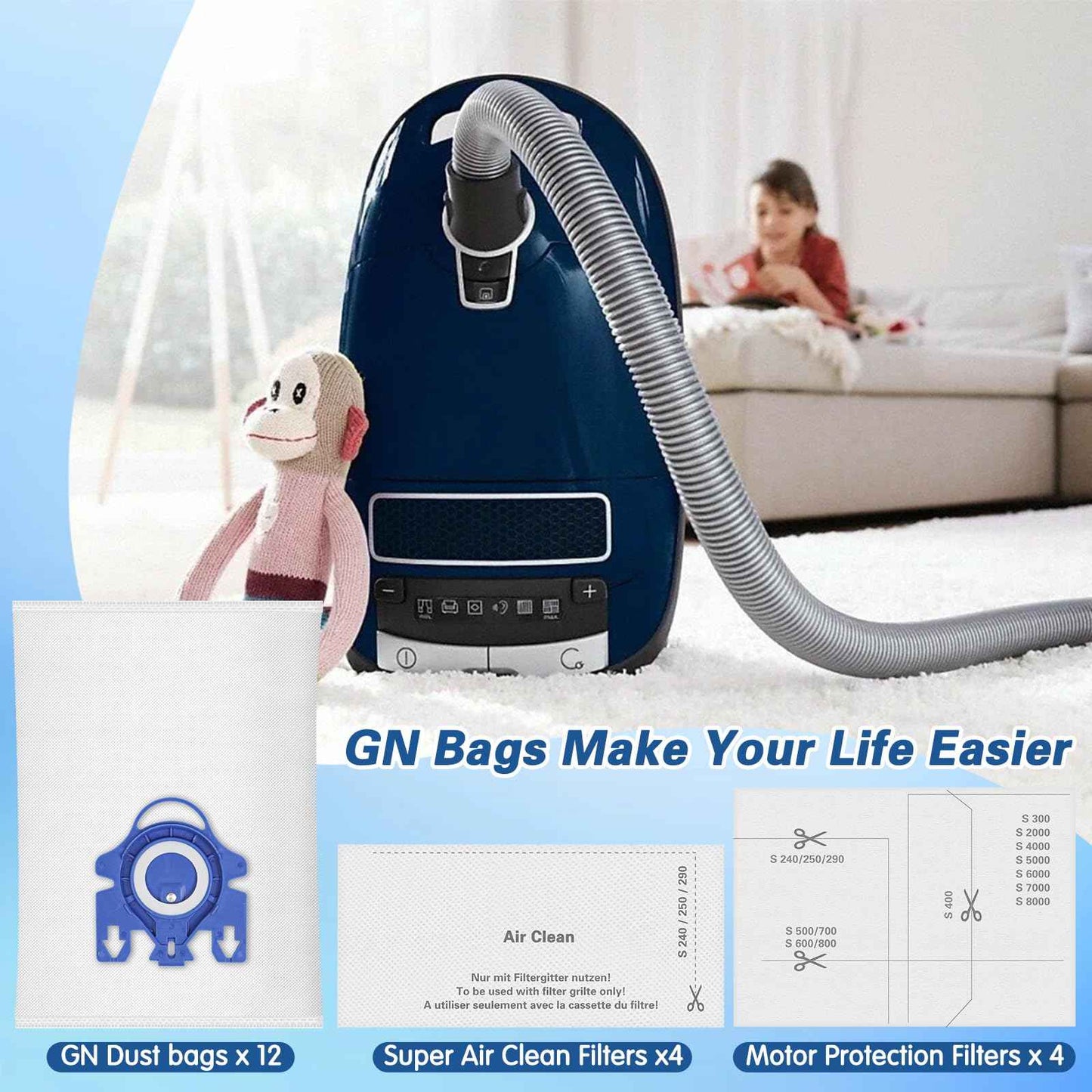 12 Pack 3D Airclean Dust Bags Compatible with Miele GN Vacuum Cleaner Bags for Classic C1 Complete C2 Complete C3 S2 S5 S8 S400i S600 S800 Series with 4 Motor Filters, 4 Exhaust Filters