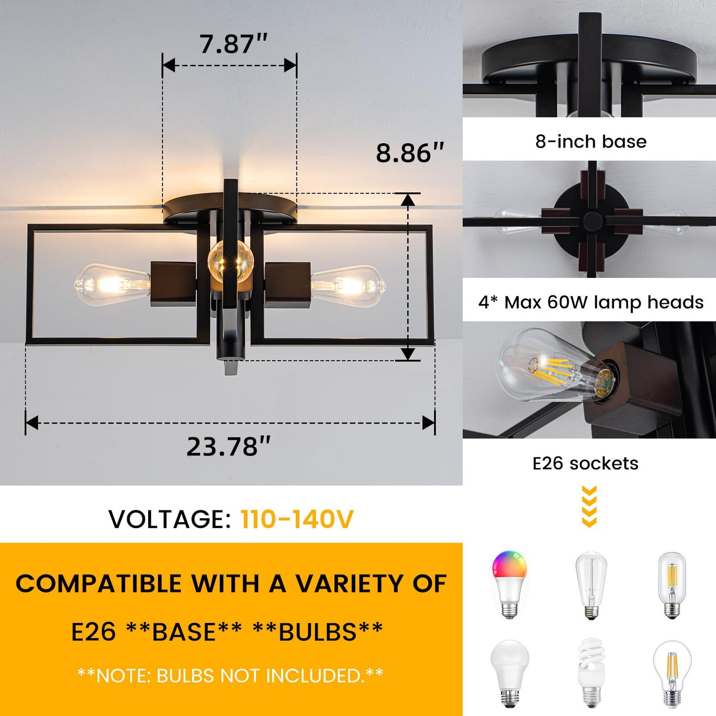 fengkeDU Industrial Ceiling Light Black 4 Light Semi Flush Mount Lights Wood Sputnik Light Fixture 24" Farmhouse Ceiling Light for Kitchen Bedroom Bathroom Foyer Hallway(E26