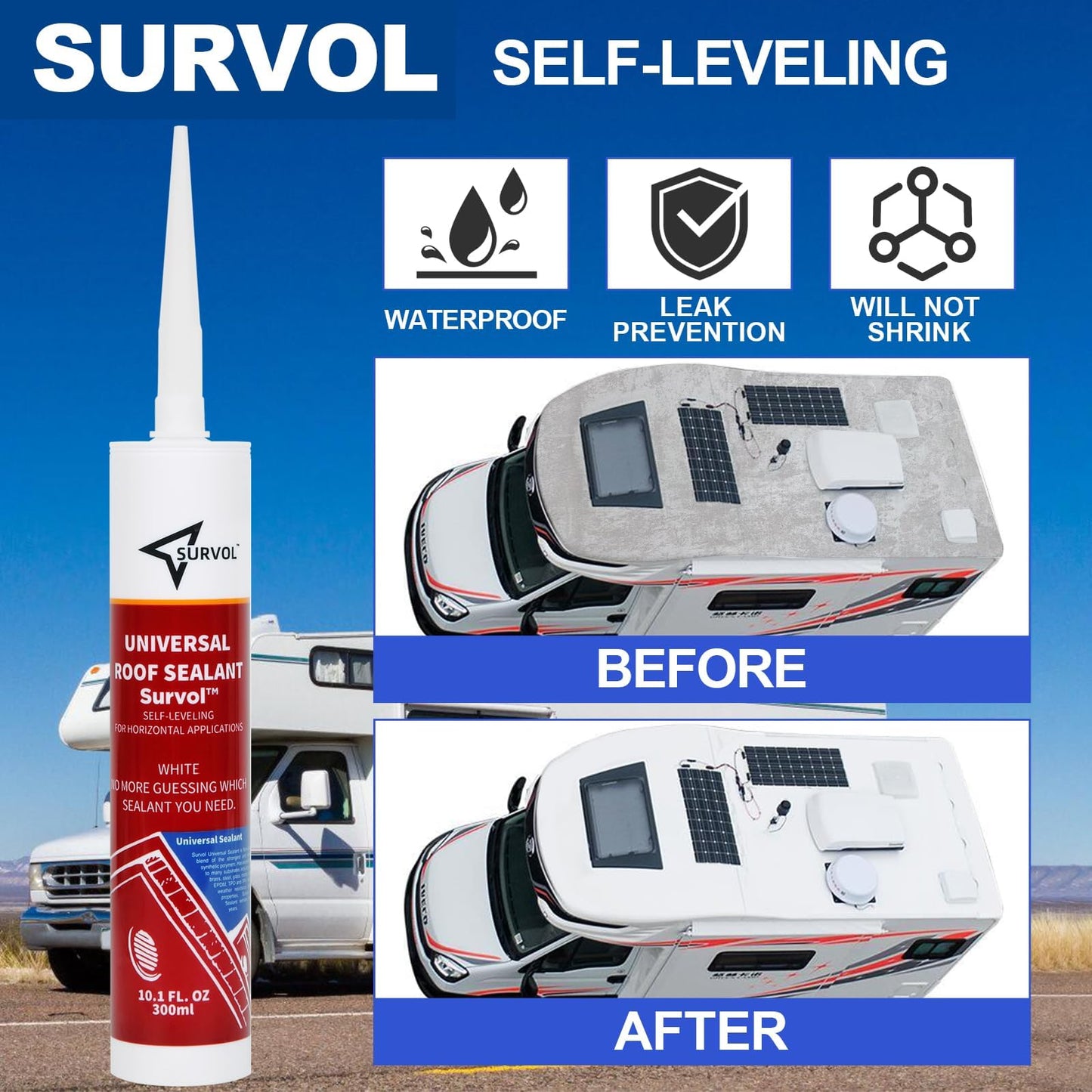 SURVOL RV Roof Sealant, Self-Leveling Lap Sealant - White, 2-Pack, Window, Skylight & Camper Repair, Vertical Surface Caulking