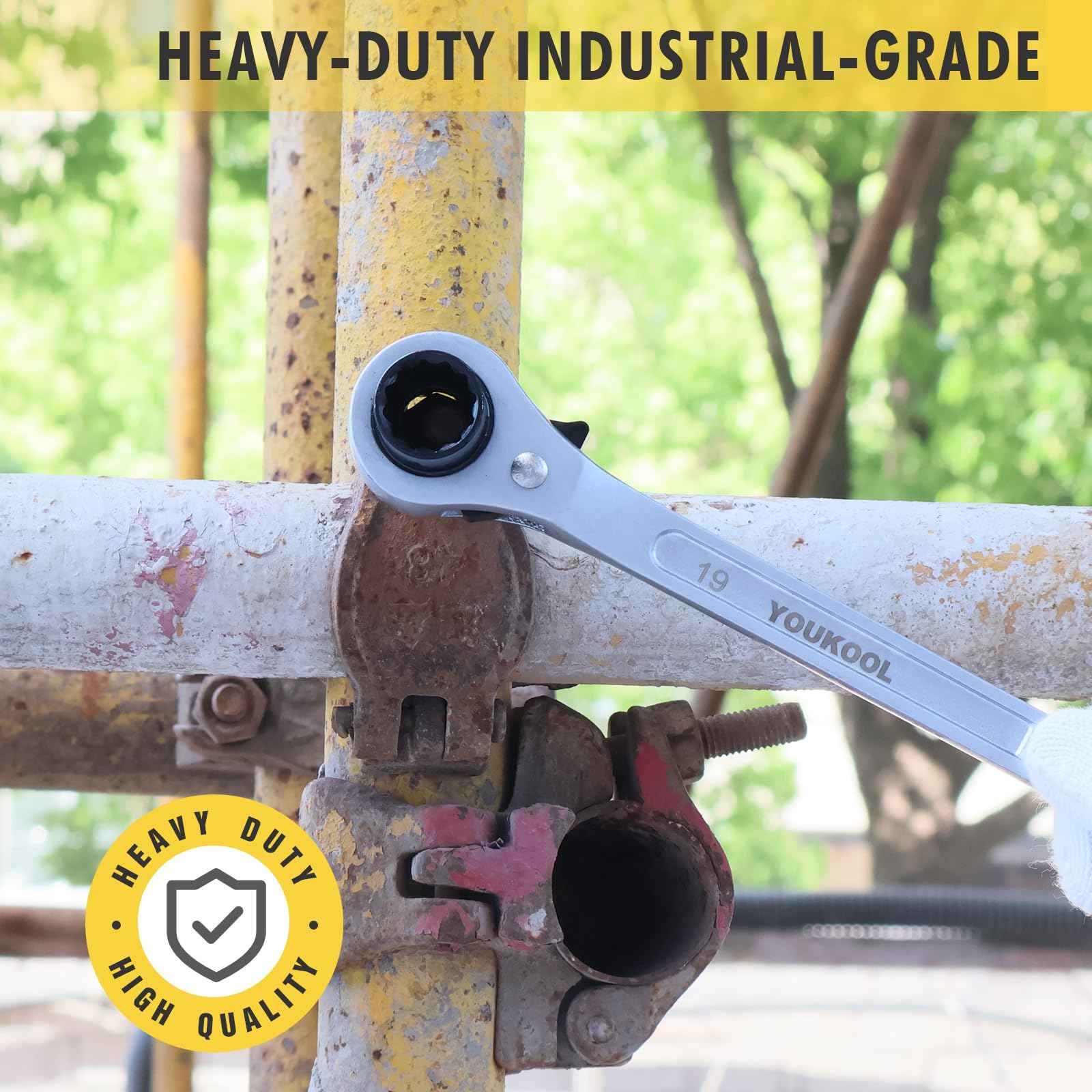 YOUKOOL 19mm x 22mm OR 3/4"×7/8" Ratcheting Scaffold Podger & Spud Wrench – 12-Point Double Ended Socket, Heavy-Duty Cr-V Steel Scaffold Tool,Silver