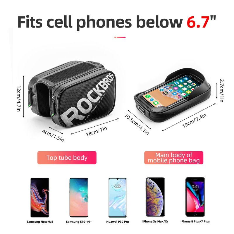 ROCKBROS Bike Frame Bag Waterproof Top Tube Phone Bag Touch Screen Cell Phone Holder Bicycle Pouch for Mountain ebike Road Bikes Compatible with iphone 11 12 13 8 X 10 XR Below 6.7''
