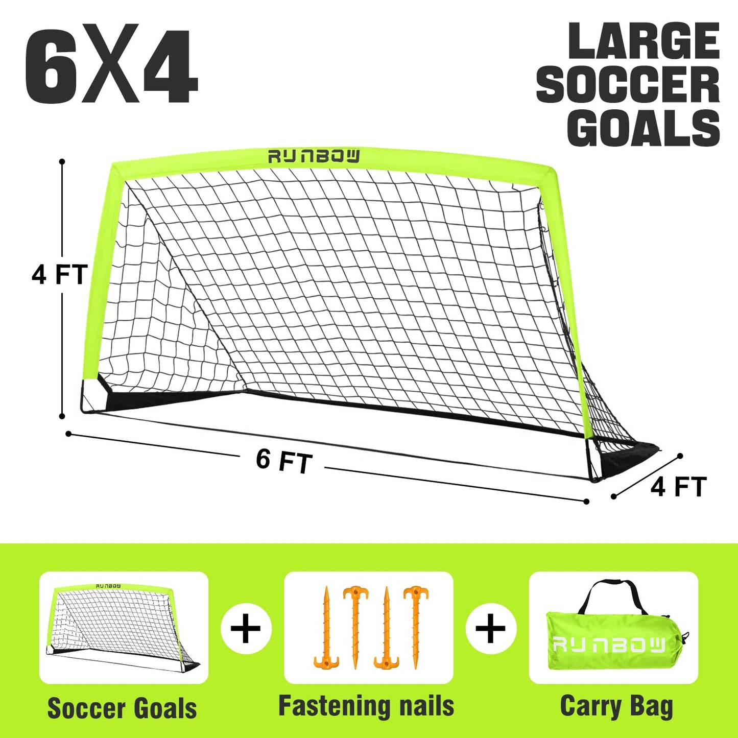RUNBOW 6x4 ft Portable Kids Soccer Goal for Backyard Practice Soccer Net with Carry Bag (6x4 FT, 2 Pack, Light Yellow)
