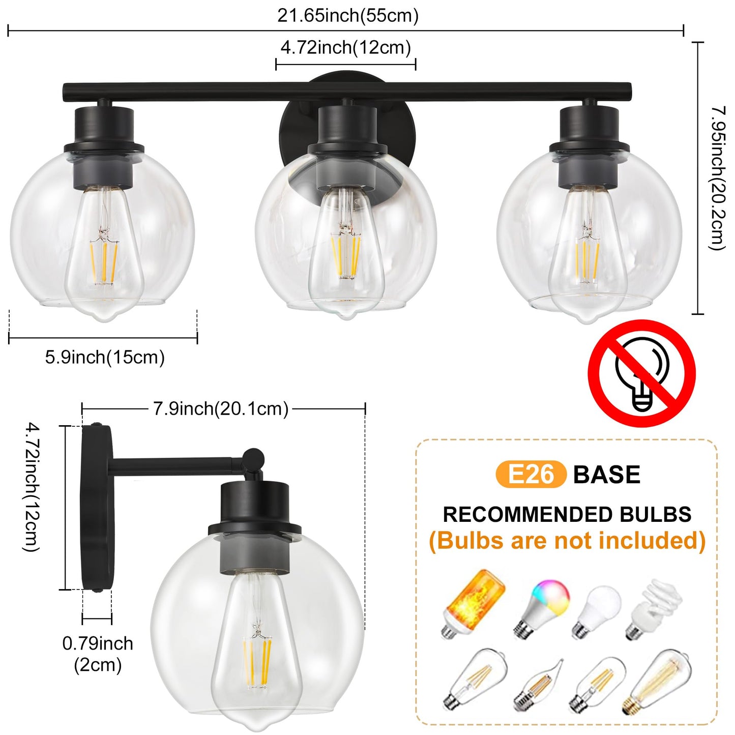 Lanmate Bathroom Light Fixtures Over Mirror 3-Lights Bathroom Vanity Light with Clear Globe Glass Shade 22 inch Modern Black Vanity Lights Wall Sconce Lighting for Bath