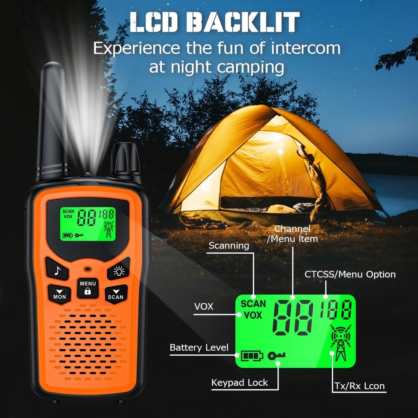 Walkie Talkies 2 Pack Walkie talkies with Rechargegable for Adults, 22 Channel FRS 2-Way Radios Walky Talky with LED Flashlight for Climbing, Camping Trip and Family Emergency Kit(2 Pack Orange).