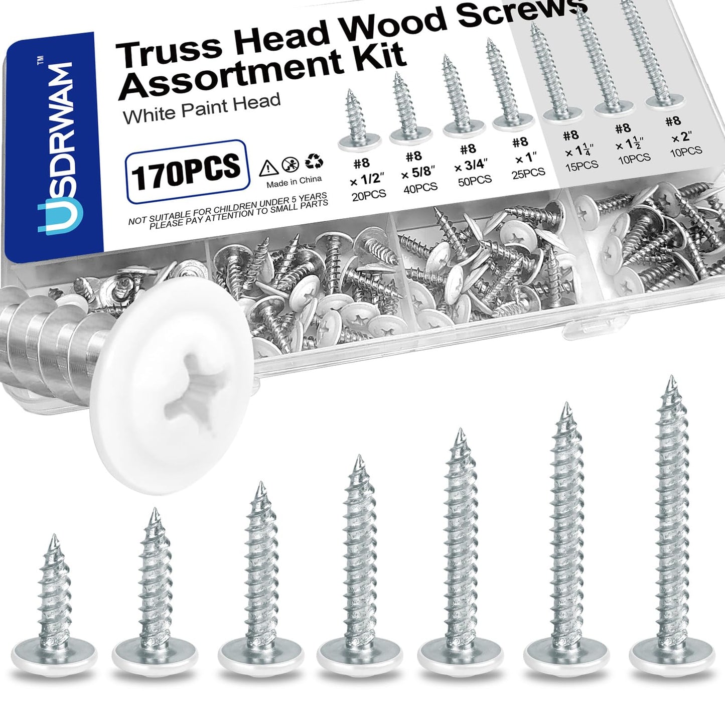 170 PCS #8 Truss Head Self Tapping Screws Assortment Kit, Carbon Steel White Head Wood Screws Set 7 Size(1/2", 5/8", 3/4", 1", 1-1/4", 1-1/2", 2")