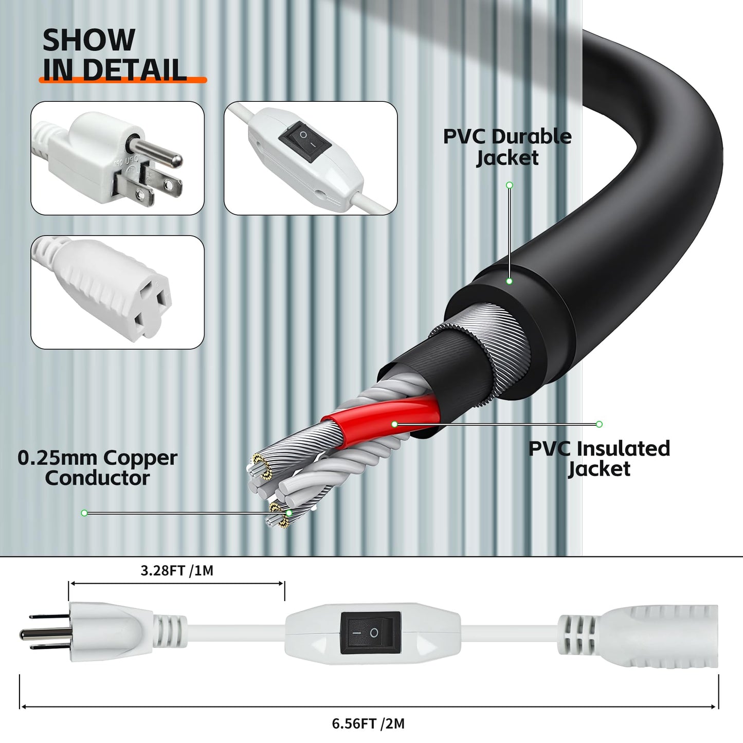 Extension Cord with Switch On/Off, 6.56 FT, 3 Prong Grounded Plug 18 AWG Extension Cord Switch Indoor Power Cord, 125V 3A NEMA 5-15P to NEMA 5-15R, Insulated & Flame Retardant, Indoor Use, Black