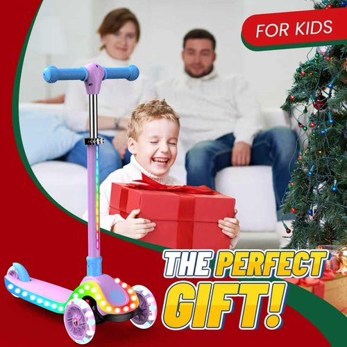 Kidscoter 3 Wheel with Light Patterns, Adjustable Height Foldable Scooter for Boys Girls Ages 3-12, Light-Up Handlebars & Deck, 130lbs Weight Limit, Gift for Toddlers, Pink/Blue/Purple (Purple-Light)