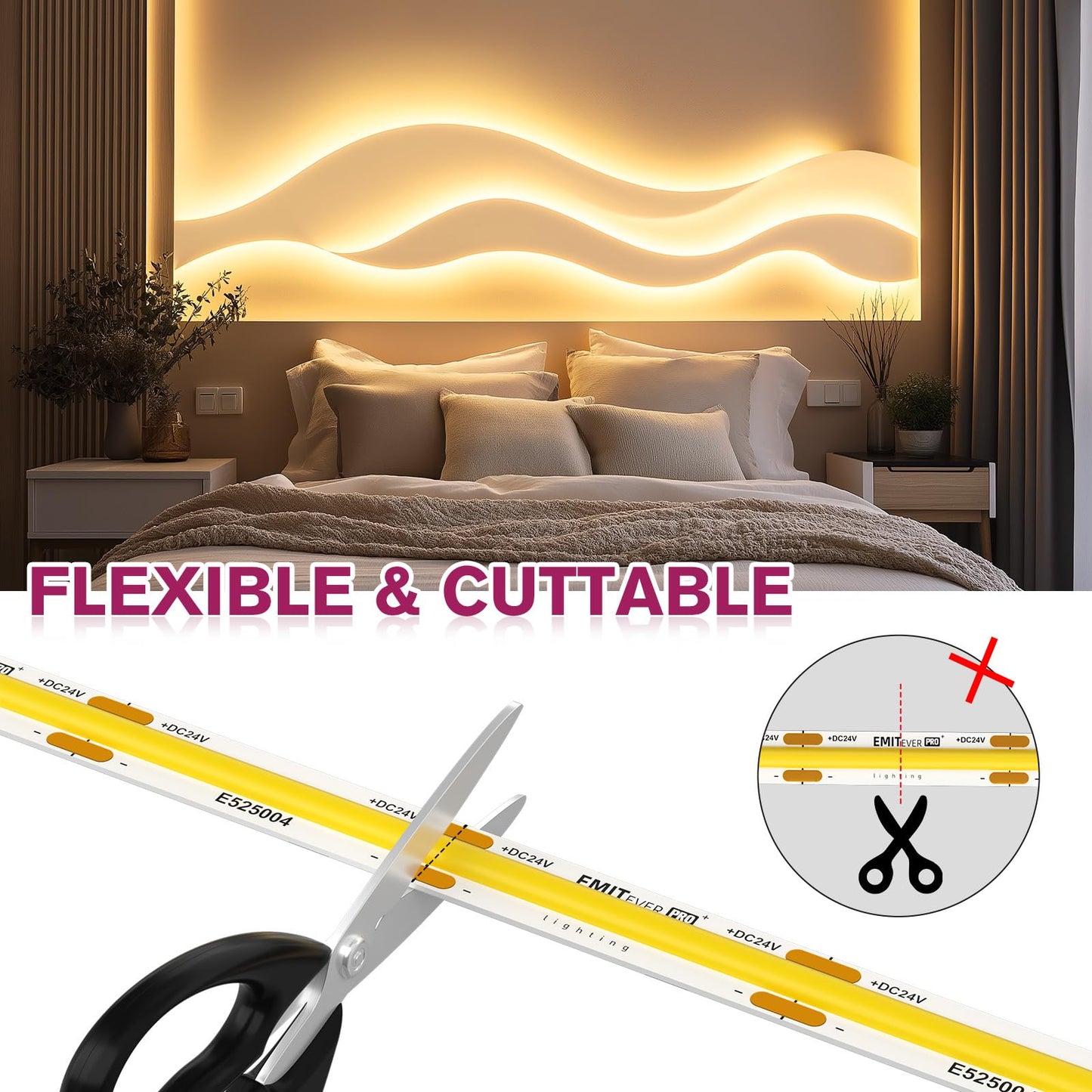 EMITEVER COB LED Strip Lights Warm White, 3000K Tape Light Premium High Density, DC 24V, 400+Lumens/ft, 5120LEDs/Spool, Ra 90+, 32.8ft/10m, UL Listed 5 Year After-Service(Power Supply Sold Separately)