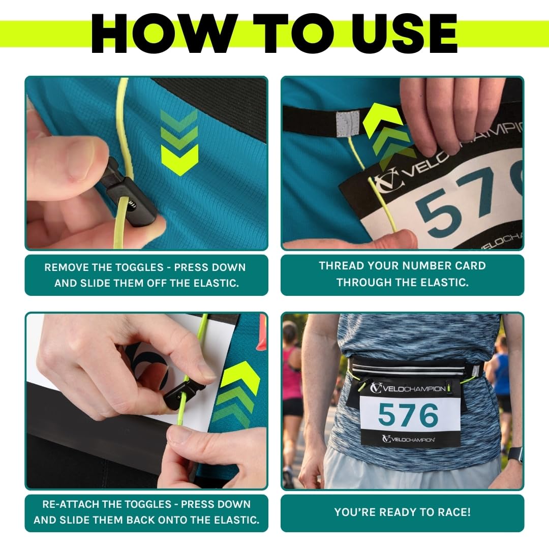 VeloChampion Reflective Running Number Belt Waist Pack + Storage Pouch Pocket. Elastic Adjustable Fit with Clip Fastening. Perfect for Fun Run, 5k, 10k, Marathon, Triathlon, Cycling