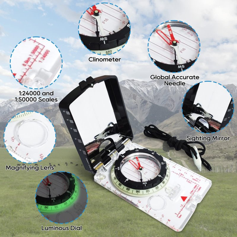 Posinly Multifunctional Orienteering Compass for Hiking, Mirror Sighting Compass with Adjustable Declination, Clinometer and Magnifier, Map Reading for Camping, Scouting