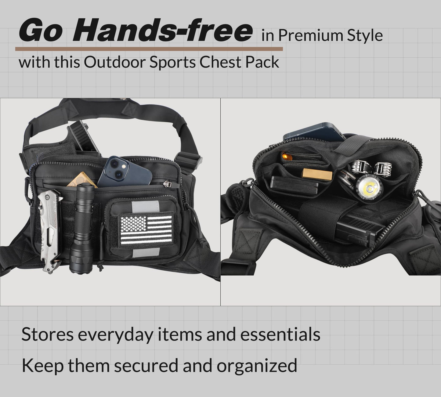 Chest Bag with Gun Holster fits Most Pistols, Tactical Chest Rig Vest, Running Chest Pack EDC for Men Women Sports Hiking