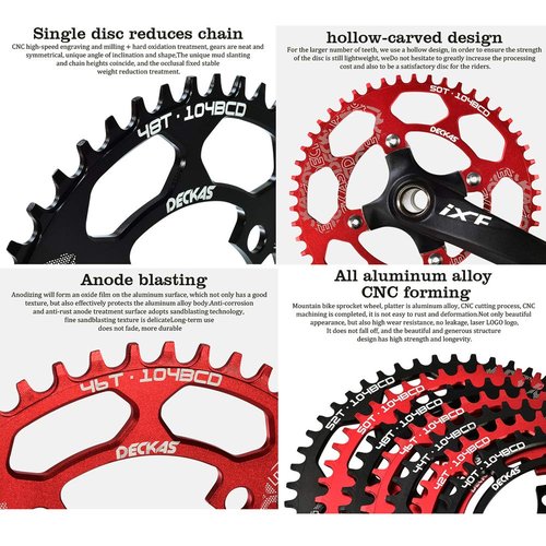 DECKAS Round Chainring 104BCD 40T 42T 44T 46T 48T 50T 52T Narrow Wide Chainring for 7 8 9 10 11 12 Speed Chains (Round Red, 50T)