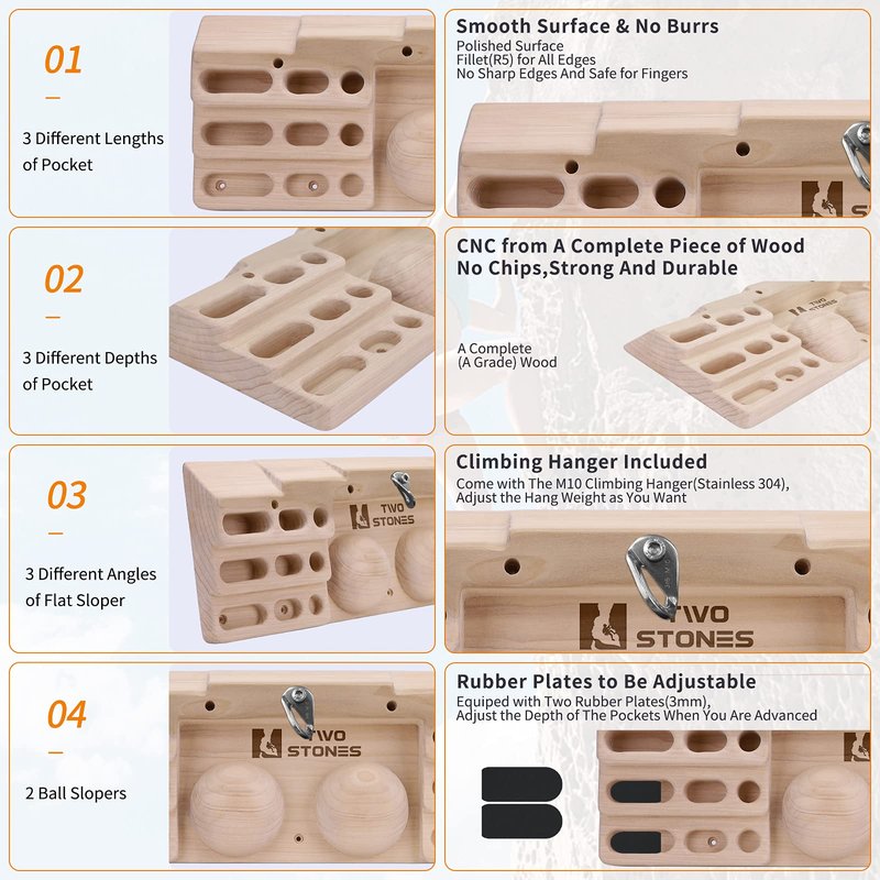 Two Stones Wooden Hangboard Rock Climbing Pull Up Bar Designed Training for Climbing, Wooden Fingerboard Climbing Training Board for Building Core Strength and Endurance (CJ-HB2003)