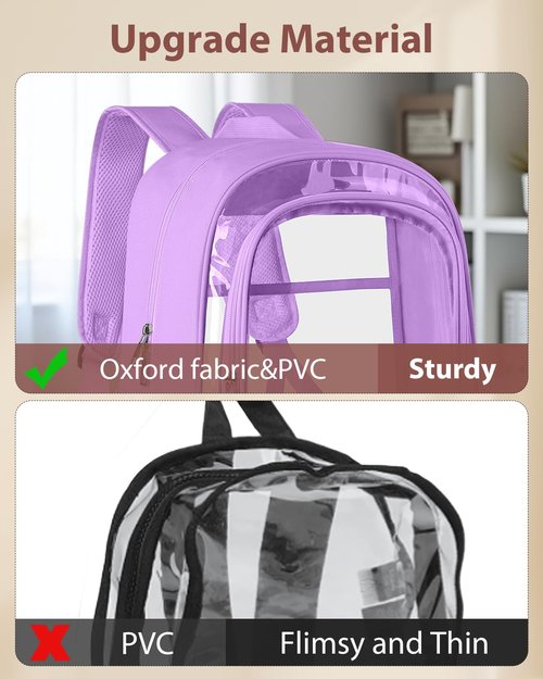 KIMNERPU Clear Backpack, Fabric & PVC Transparent Backpack with Reinforced Strap for Women Men, Heavy Duty Transparent Bookbag, Large Capacity Clear Bag, Travel, Security, Purple