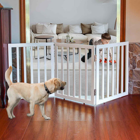 Extra Wide Freestanding Indoor Dog Gate - Foldable 3-Panel Wood Pet Barrier for Doorways & Stairs - 24” Height, White