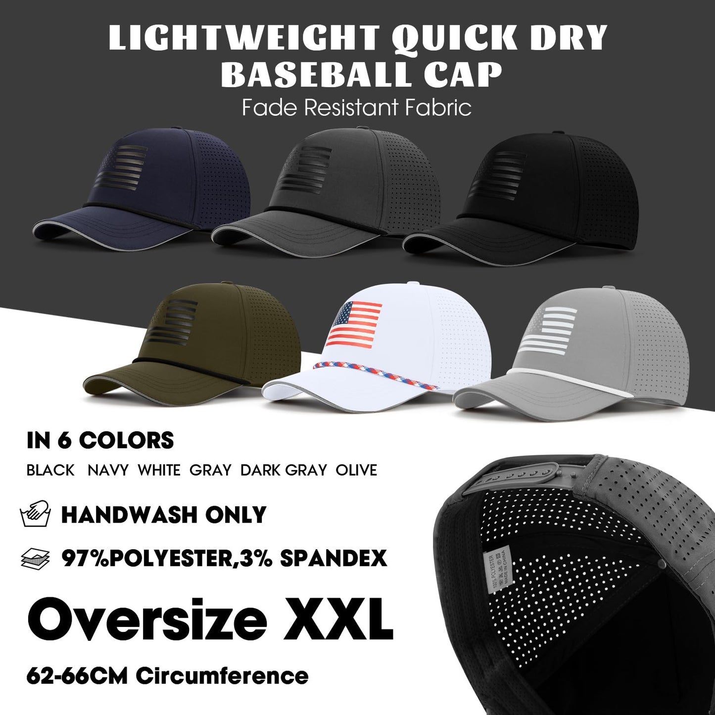 Oversize XL XXL XXXL American Flag Trucker Hat, 250th Anniversary Snapback Hats, Large USA Baseball Cap for Men Big Heads, Breathable Mesh Side, Adjustable Fit, Black/Black Flag