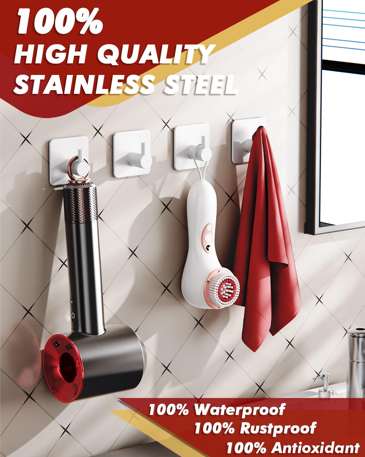 Adhesive Hooks Heavy Duty 30lb(Max) Wall Hooks, 5 Pack Self Adhesive Damage Free Towel Rack, Stainless Steel for Coat Robe, Waterproof Oilproof Rustproof for Bathroom Shower Kitchen Office