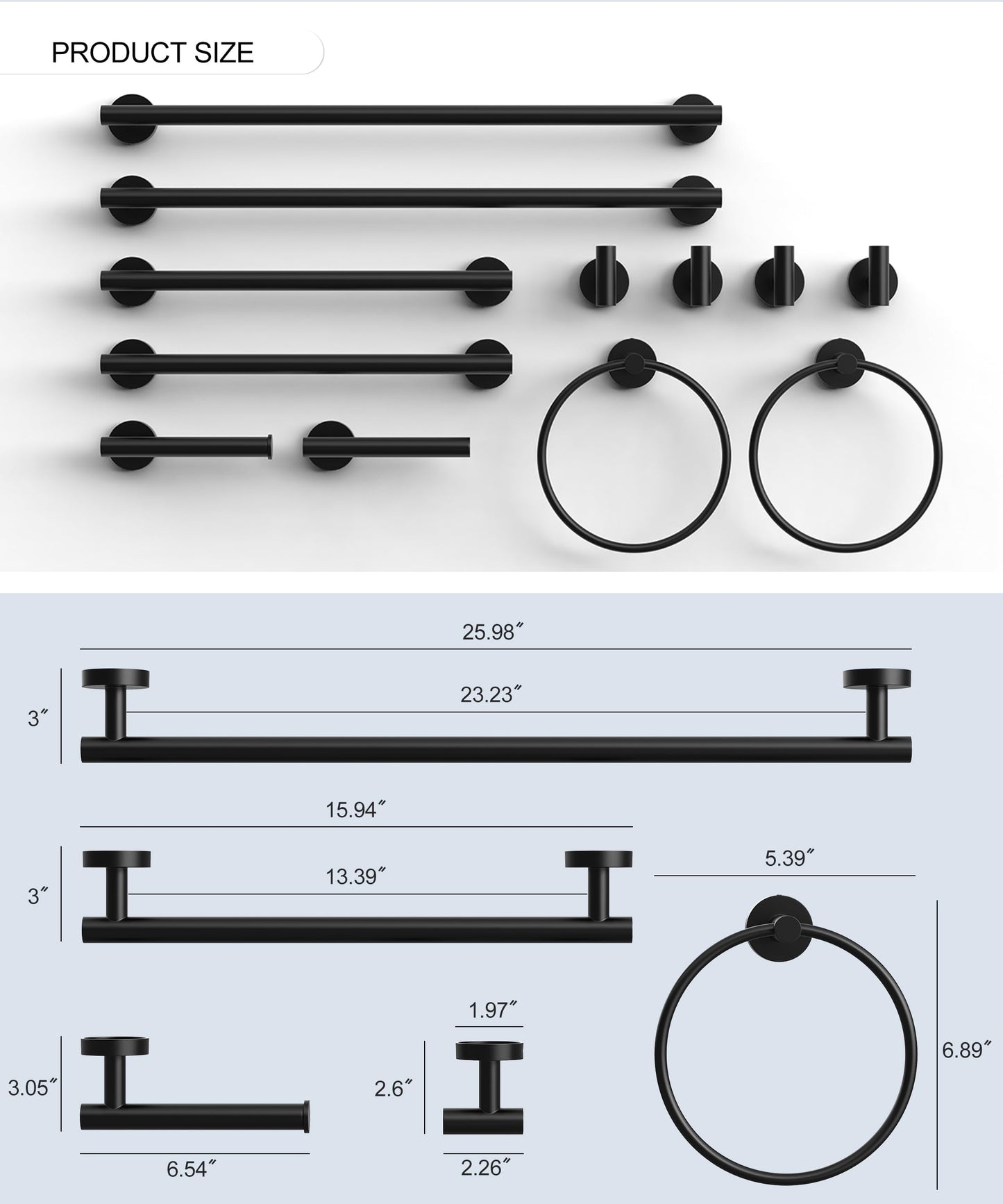 HOMEMYSTIQUE 12 Pcs Matte Black Bathroom Accessories Set, SUS304 Stainless Steel Bathroom Hardware Set, Bath Towel Bar Set, Toilet Paper Holders, Towel Rings Racks, Robe Towel Hooks