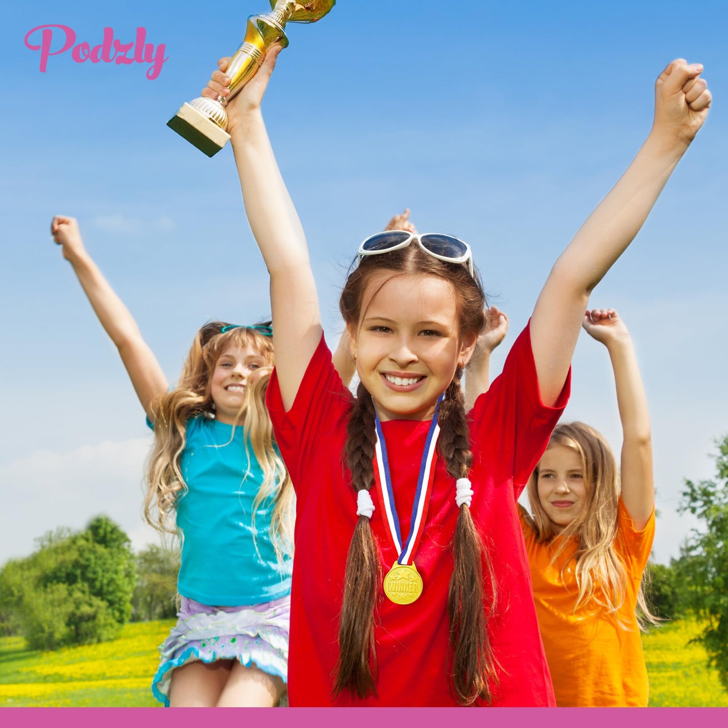 Podzly 50 Piece Goldtone Plastic Award Winner Medal Set - Ideal for Sports, Games, Competitions, Rewards, Talent Shows, Parties, Party Favors, or Decor - Stylish Gold Medals with Ribbons for Kids