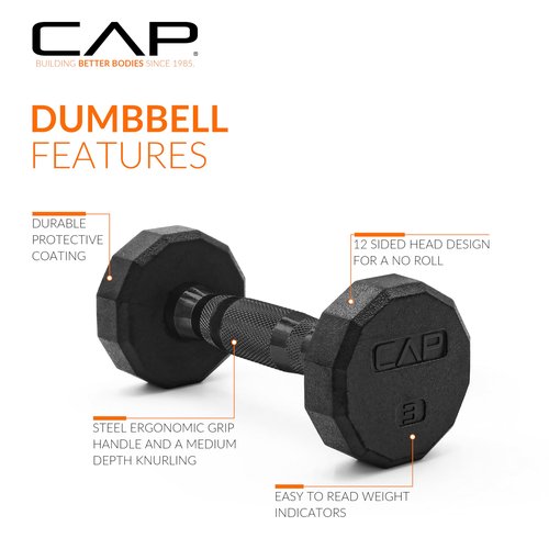 CAP 12-Sided Coated Dumbbell with Black Handle, Pair, 3 LB